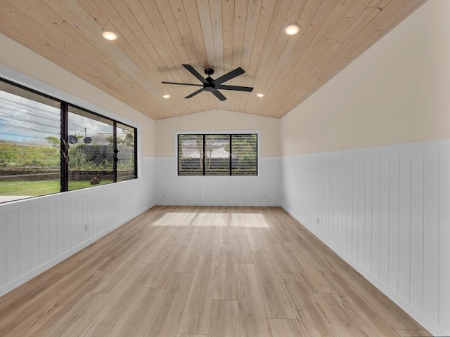 1261-B Haihai St, Hilo, HI 96720 - spare room featuring a wainscoted wall, light wood-style floors, wooden ceiling, vaulted ceiling, and ceiling fan