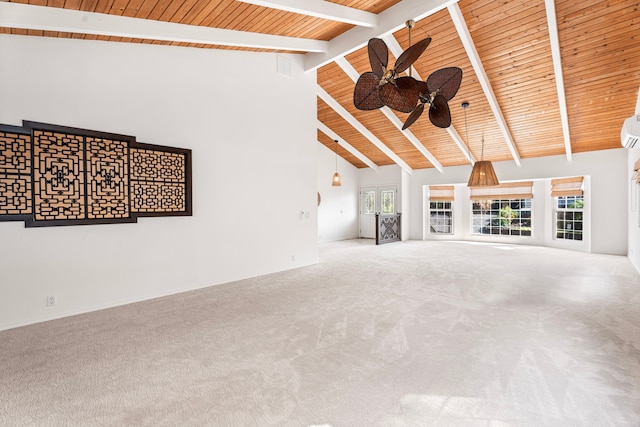 68-1942 Lina Poepoe St, Waikoloa, HI 96738 - unfurnished living room featuring ceiling fan, wood ceiling with exposed beams, carpet flooring, and high vaulted ceiling