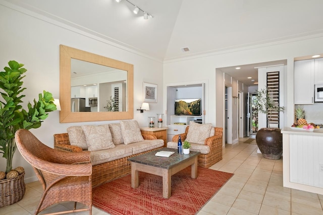 2253 Poipu Rd Unit 2, Koloa, HI 96756 - living area featuring light tile patterned flooring, rail lighting, and high vaulted ceiling