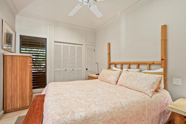 2253 Poipu Rd Unit 2, Koloa, HI 96756 - bedroom with a closet, light tile patterned floors, a ceiling fan, and lofted ceiling