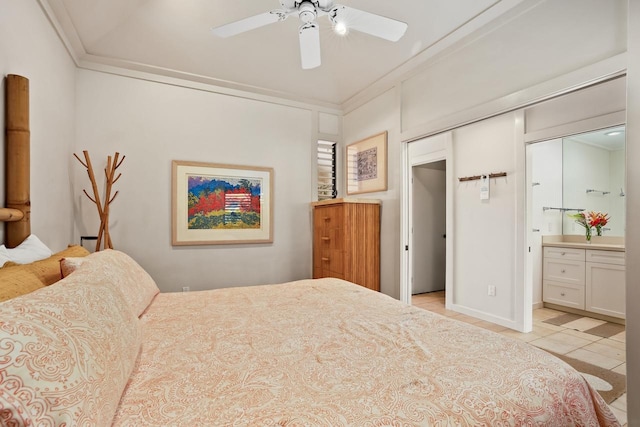 2253 Poipu Rd Unit 2, Koloa, HI 96756 - bedroom with light tile patterned flooring, ornamental molding, ensuite bathroom, and a ceiling fan