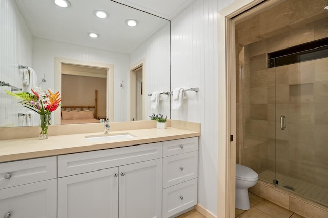 2253 Poipu Rd Unit 2, Koloa, HI 96756 - full bathroom featuring vanity, tile patterned floors, a shower stall, toilet, and recessed lighting