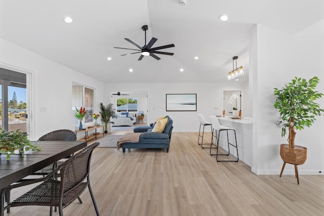 15-1499 23rd Ave, Keaau, HI 96749 - living room featuring a ceiling fan, light wood-type flooring, vaulted ceiling, recessed lighting, and baseboards