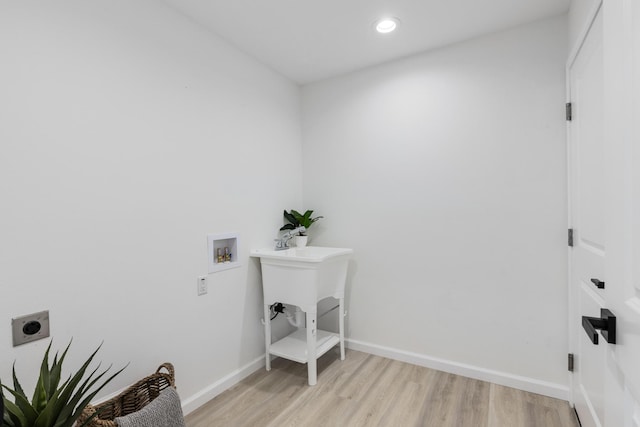 15-1499 23rd Ave, Keaau, HI 96749 - washroom featuring electric dryer hookup, light wood-style flooring, washer hookup, recessed lighting, and baseboards