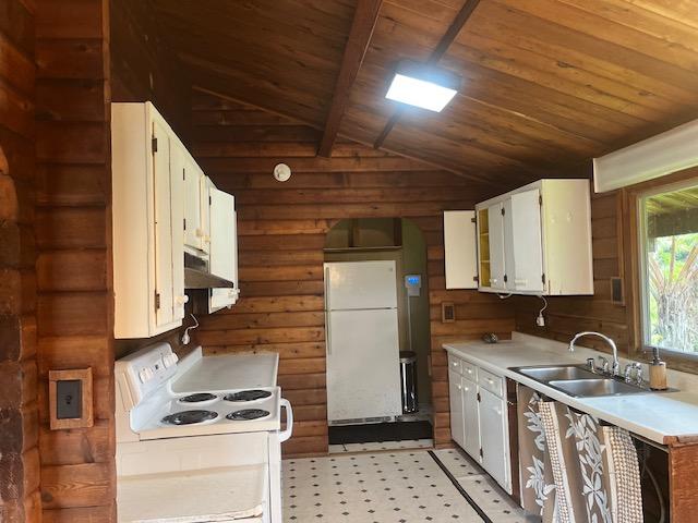 19-4142 Haunani Rd, Volcano, HI 96785 - kitchen with white appliances, wood ceiling, under cabinet range hood, wooden walls, and light flooring