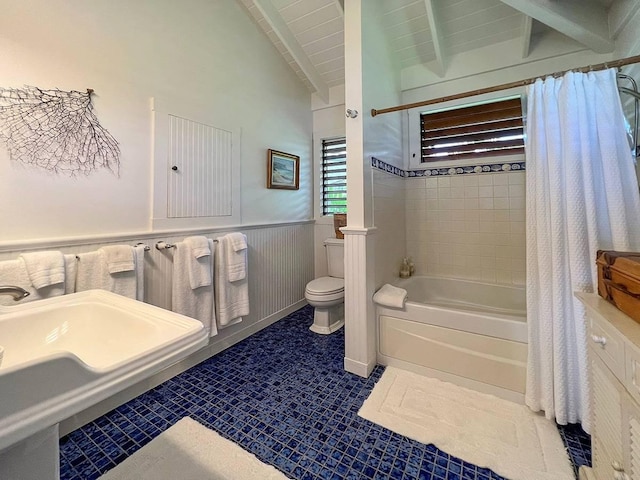 7324 Alealea Rd, Hanalei, HI 96714 - full bath with toilet, shower / bathtub combination with curtain, and a wainscoted wall