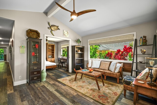 3675 Albert Rd, Princeville, HI 96722 - living area with ceiling fan and dark wood-type flooring