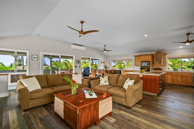 3675 Albert Rd, Princeville, HI 96722 - living area with ceiling fan, lofted ceiling, plenty of natural light, dark wood finished floors, and a wall mounted AC