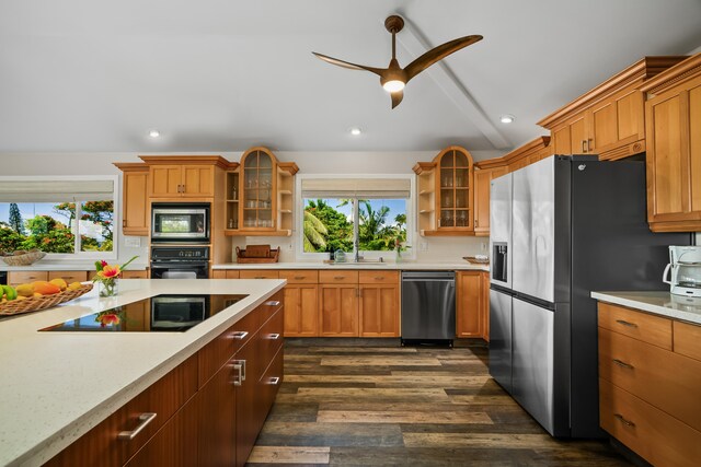 3675 Albert Rd, Princeville, HI 96722 - kitchen with black appliances, light countertops, lofted ceiling, open shelves, and dark wood-type flooring