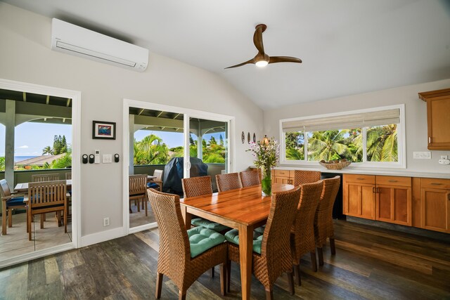 3675 Albert Rd, Princeville, HI 96722 - dining room featuring an AC wall unit, lofted ceiling, dark wood finished floors, and ceiling fan