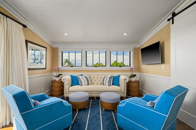 5086 Lau Nahele St, Koloa, HI 96756 - living area featuring wainscoting, crown molding, plenty of natural light, a barn door, and recessed lighting