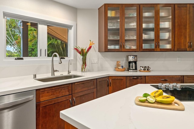 2868 Milo Hae Lp, Koloa, HI 96756 - kitchen featuring stainless steel dishwasher, a sink, black electric stovetop, and glass insert cabinets