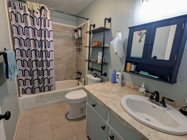 14-3426 Molokai Rd, Pahoa, HI 96778 - bathroom with tile patterned flooring, toilet, vanity, shower / bathtub combination with curtain, and a textured wall