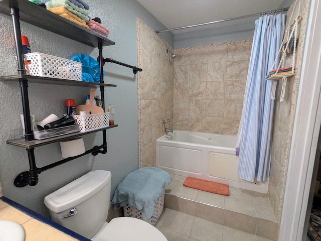 14-3426 Molokai Rd, Pahoa, HI 96778 - bathroom featuring shower / tub combo with curtain, tile patterned flooring, toilet, and a textured wall