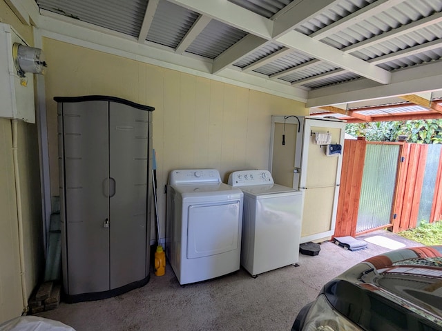 14-3426 Molokai Rd, Pahoa, HI 96778 - laundry room with light colored carpet and washing machine and dryer