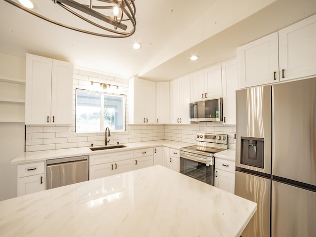 15-1703 5th Ave, Keaau, HI 96749 - kitchen featuring appliances with stainless steel finishes, a sink, open shelves, backsplash, and recessed lighting