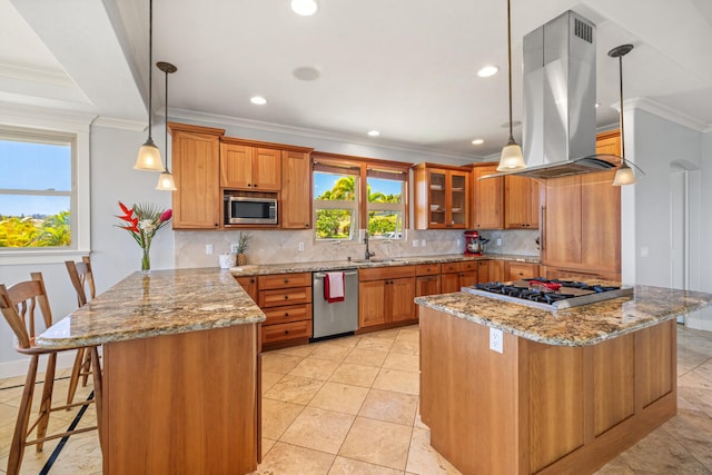 1167 Pua Melia St, Kalaheo, HI 96741 - kitchen with appliances with stainless steel finishes, brown cabinets, exhaust hood, a peninsula, and crown molding
