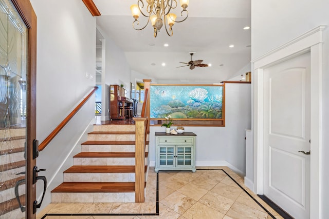1167 Pua Melia St, Kalaheo, HI 96741 - stairway with a ceiling fan, recessed lighting, a chandelier, baseboards, and tile patterned floors