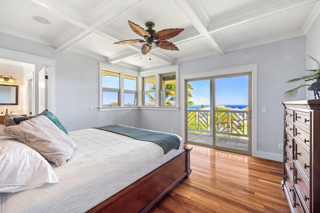 1167 Pua Melia St, Kalaheo, HI 96741 - bedroom featuring access to outside, coffered ceiling, wood finished floors, beam ceiling, and baseboards