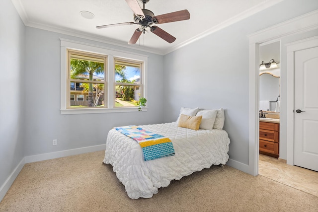 1167 Pua Melia St, Kalaheo, HI 96741 - bedroom with light carpet, crown molding, baseboards, connected bathroom, and a ceiling fan