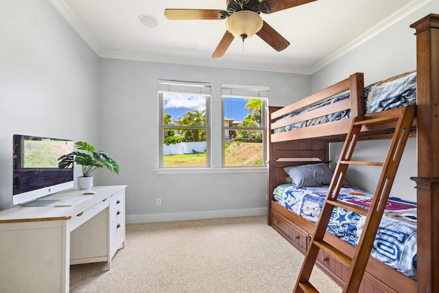 1167 Pua Melia St, Kalaheo, HI 96741 - carpeted bedroom with baseboards, crown molding, ceiling fan, and an office area
