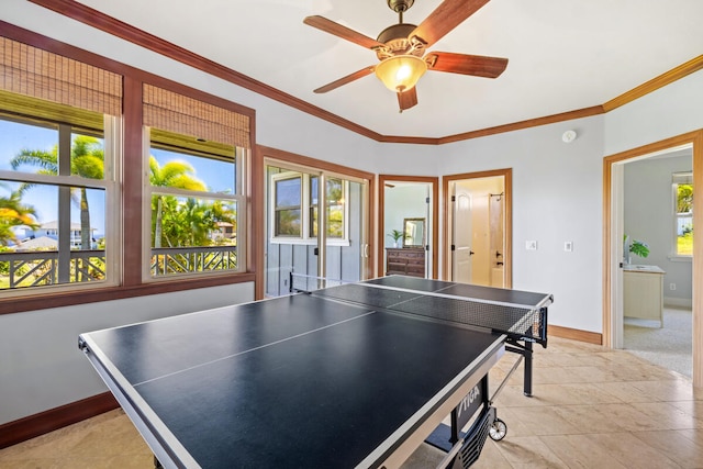 1167 Pua Melia St, Kalaheo, HI 96741 - game room featuring baseboards, crown molding, and a ceiling fan