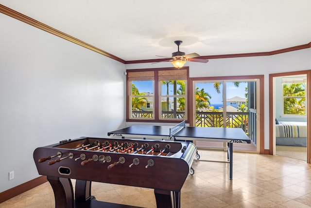 1167 Pua Melia St, Kalaheo, HI 96741 - rec room with a ceiling fan, crown molding, and baseboards