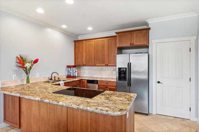 1167 Pua Melia St, Kalaheo, HI 96741 - kitchen featuring stainless steel fridge with ice dispenser, a sink, a peninsula, brown cabinets, and black electric stovetop