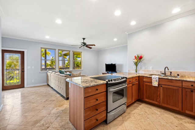 1167 Pua Melia St, Kalaheo, HI 96741 - kitchen with electric stove, a sink, recessed lighting, open floor plan, and ornamental molding