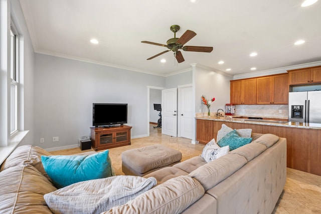 1167 Pua Melia St, Kalaheo, HI 96741 - living area featuring recessed lighting, a ceiling fan, ornamental molding, light tile patterned floors, and baseboards