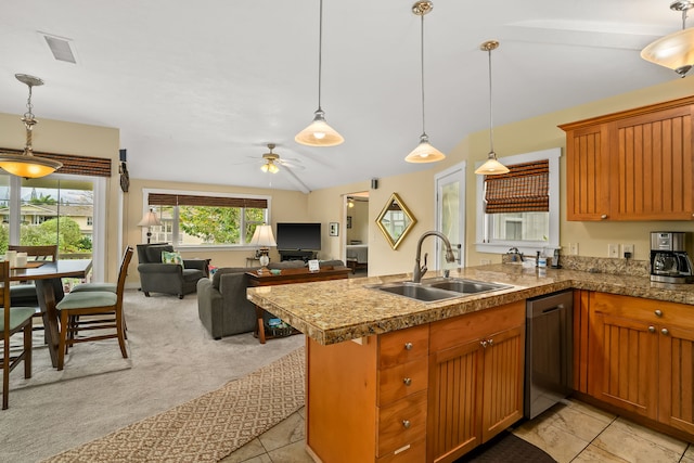 4771 Pepelani Lp Unit 1521, Princeville, HI 96722 - kitchen with a sink, a peninsula, tile counters, ceiling fan, and stainless steel dishwasher