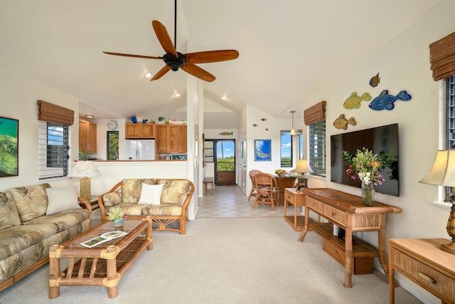 5451 Ka Haku Rd Unit 25, Princeville, HI 96722 - living room featuring ceiling fan, healthy amount of natural light, vaulted ceiling, and light tile patterned floors