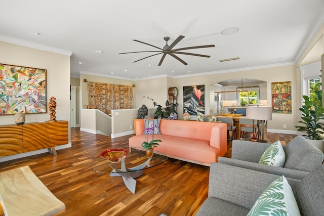 1182 Milia St, Kalaheo, HI 96741 - living area featuring a ceiling fan, wood finished floors, arched walkways, recessed lighting, and baseboards