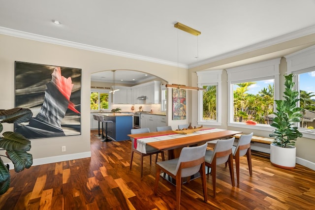1182 Milia St, Kalaheo, HI 96741 - dining room featuring healthy amount of natural light, arched walkways, ornamental molding, dark wood finished floors, and baseboards