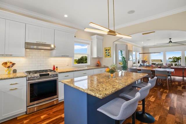1182 Milia St, Kalaheo, HI 96741 - kitchen with stainless steel gas stove, under cabinet range hood, dark wood finished floors, white cabinets, and ornamental molding