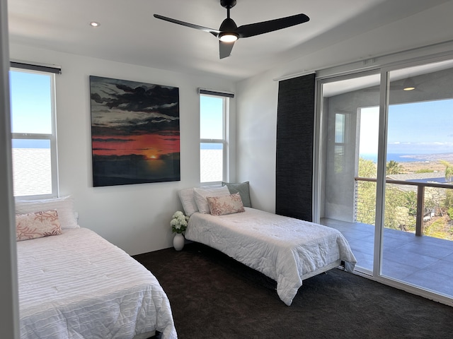 68-1868 Malina Pl, Waikoloa, HI 96738 - bedroom with access to exterior, dark carpet, a ceiling fan, and recessed lighting