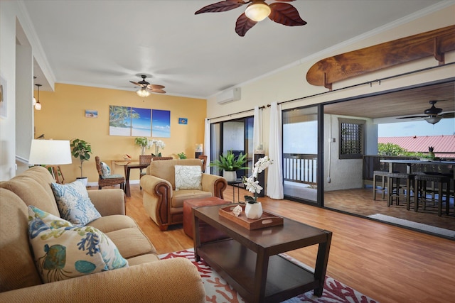 78-6842 Alii Dr Unit 11102, Kailua-Kona, HI 96740 - living room with a ceiling fan, wood finished floors, crown molding, and an AC wall unit