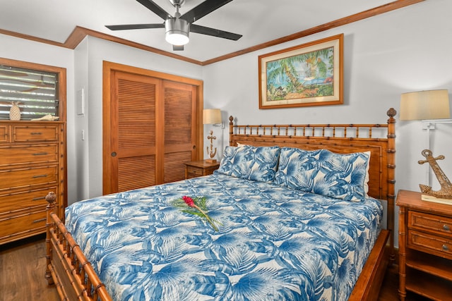 2253 Poipu Rd Unit 411, Koloa, HI 96756 - bedroom with ornamental molding, wood finished floors, a closet, and a ceiling fan