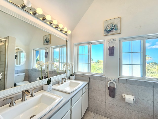 726-A Waianuenue Ave, Hilo, HI 96720 - full bath featuring toilet, tile walls, tile patterned floors, double vanity, and a stall shower
