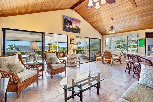 76-247 Keakealani Dr, Kailua-Kona, HI 96740 - living area with ceiling fan, wood ceiling, light tile patterned flooring, and high vaulted ceiling