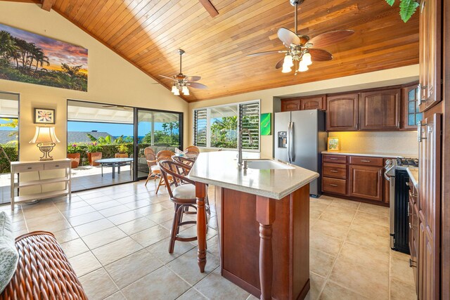 76-247 Keakealani Dr, Kailua-Kona, HI 96740 - kitchen featuring stainless steel appliances, light countertops, wooden ceiling, ceiling fan, and a sink