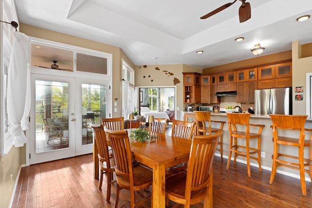 15-1932 2nd Ave, Keaau, HI 96749 - dining space featuring a tray ceiling, a ceiling fan, hardwood / wood-style floors, recessed lighting, and french doors
