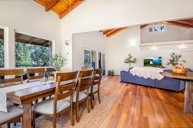 46-3910 Kahana Dr, Honokaa, HI 96727 - dining area featuring high vaulted ceiling, wooden ceiling with exposed beams, light wood-type flooring, and healthy amount of natural light