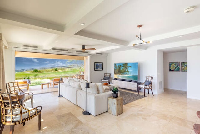 62-3600 Amaui Pl Unit J101, Kamuela, HI 96743 - living area featuring coffered ceiling, beamed ceiling, a chandelier, and a ceiling fan