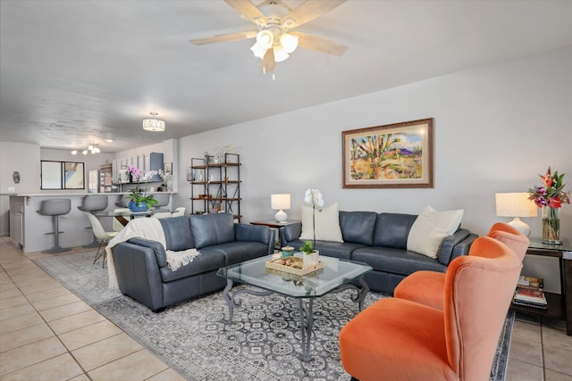 77-6585 Seaview Cir Unit 303, Kailua-Kona, HI 96740 - living area with light tile patterned floors and a ceiling fan
