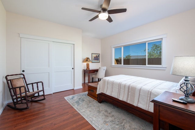 68-3635 Haena St, Waikoloa, HI 96738 - bedroom featuring dark wood-type flooring, a closet, baseboards, and a ceiling fan