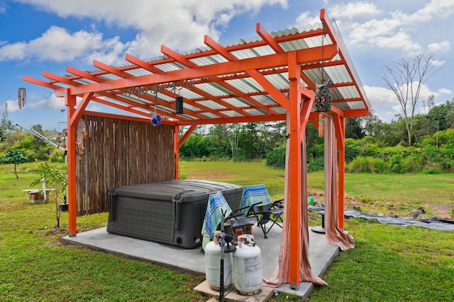 15-2000 5th Ave, Keaau, HI 96749 - view of green lawn featuring a hot tub, a pergola, and a patio area