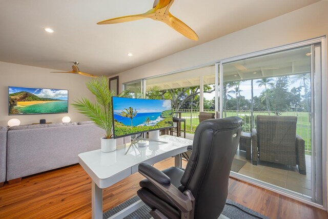 78-7054 Kamehameha Iii Rd Unit 803, Kailua-Kona, HI 96740 - office area featuring a ceiling fan, wood finished floors, and recessed lighting