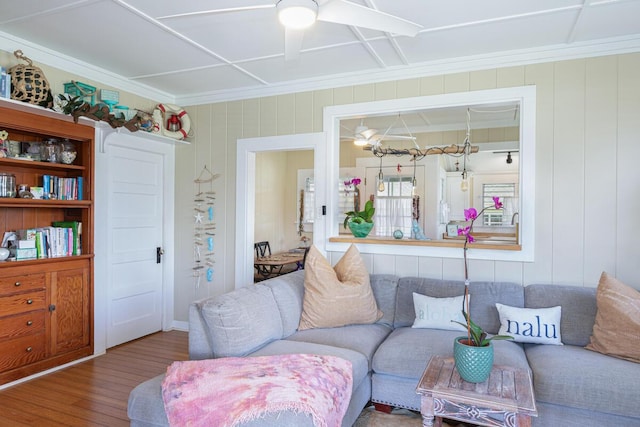 4463 Makaha Rd, Kapaa, HI 96746 - living area with wood finished floors, crown molding, and ceiling fan