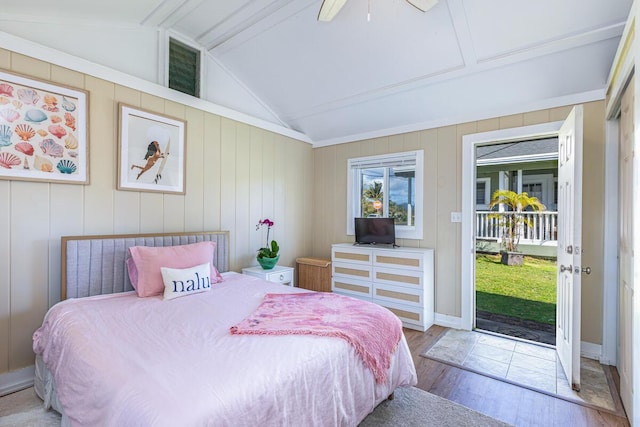 4463 Makaha Rd, Kapaa, HI 96746 - bedroom with wood finished floors, access to outside, vaulted ceiling, and a ceiling fan